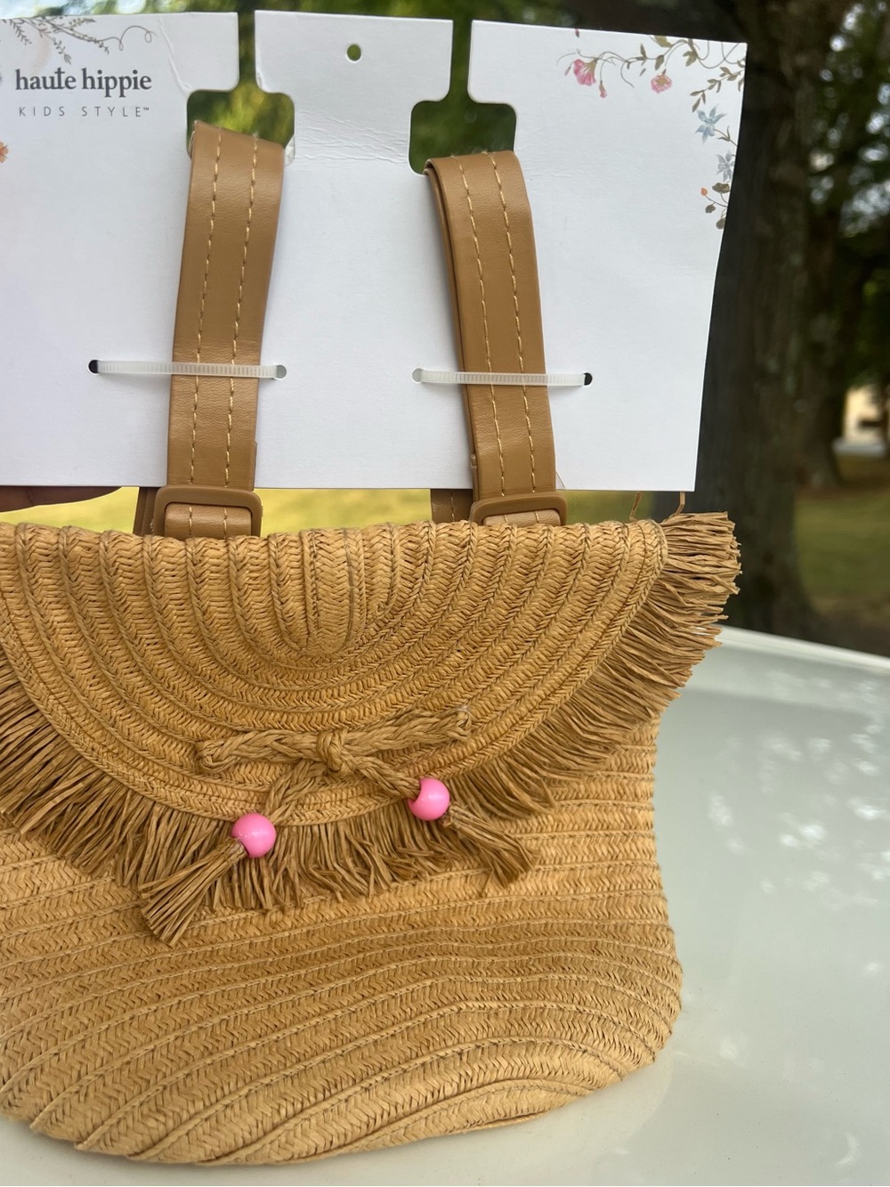 Haute Hippie Tan Straw Mini Crossbody with Pink Bead Accents